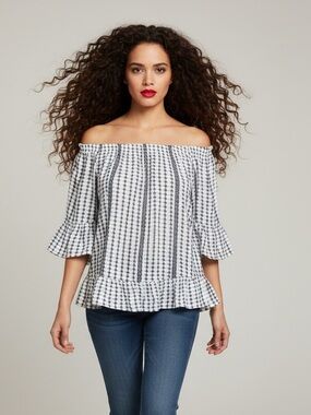 Staccato Blue & White Boho Off-Shoulder Blouse - Size M